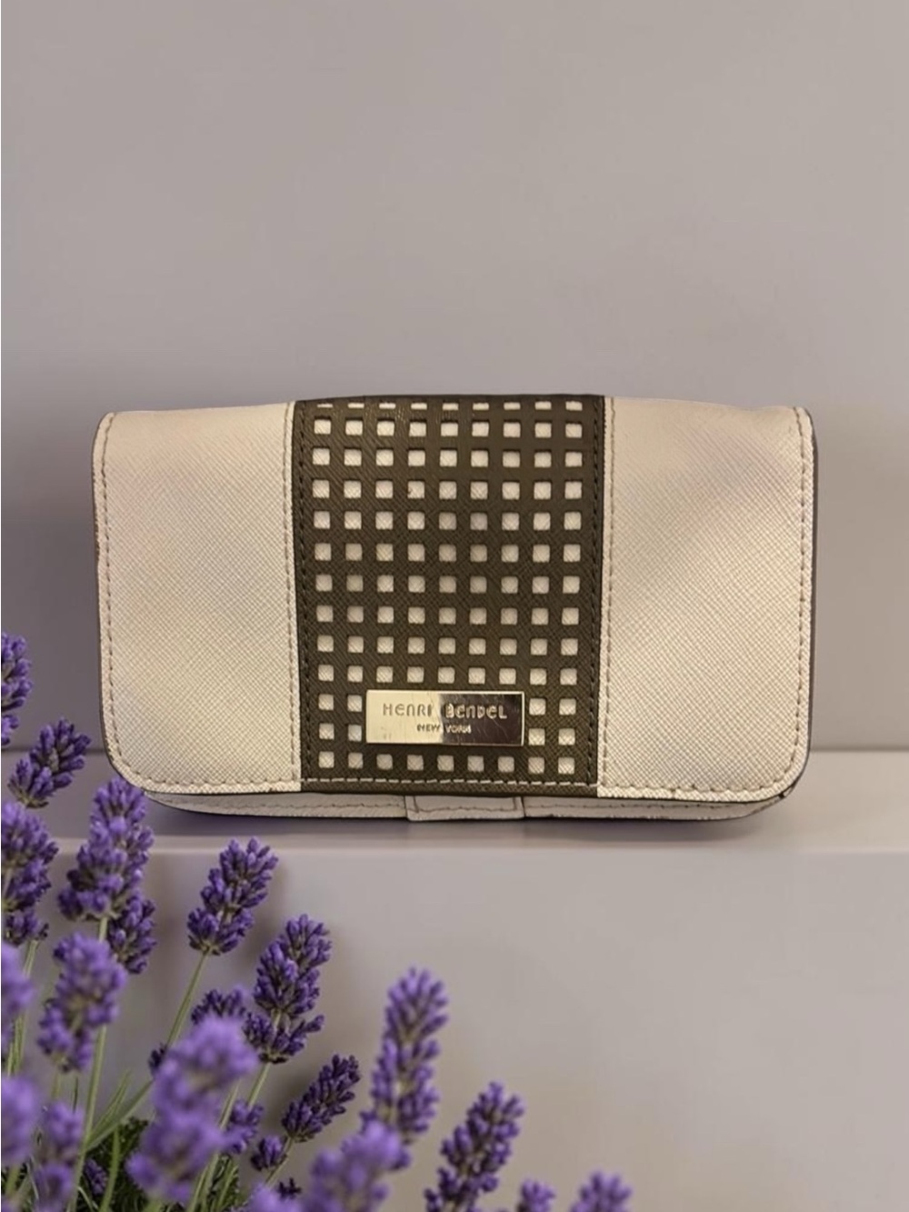 henri bendel Cream and Brown Perforated Leather Wallet